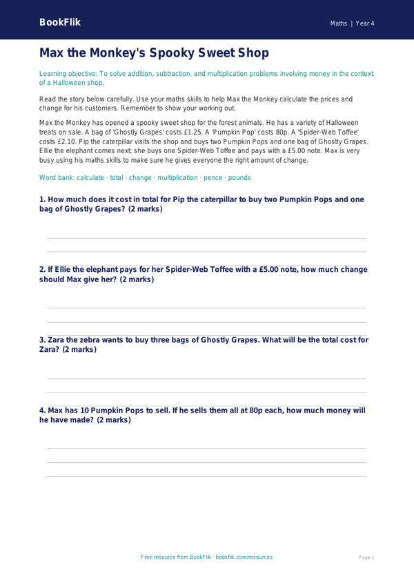 Free Halloween Maths Comprehension | Year 4 Core | BookFlik worksheet preview — Maths Halloween Maths