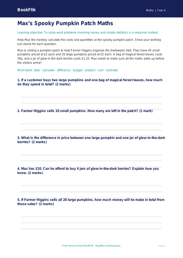 Free Halloween Maths Drawing Sheet | Year 4 Core | BookFlik worksheet preview — Maths Halloween Maths