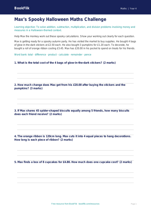 Free Halloween Maths Flashcards | Year 4 Core | BookFlik worksheet preview — Maths Halloween Maths
