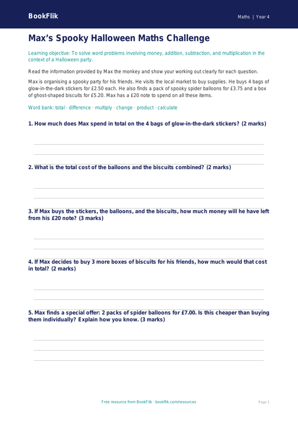 Free Halloween Maths Quiz | Year 4 Core | BookFlik worksheet preview — Maths Halloween Maths