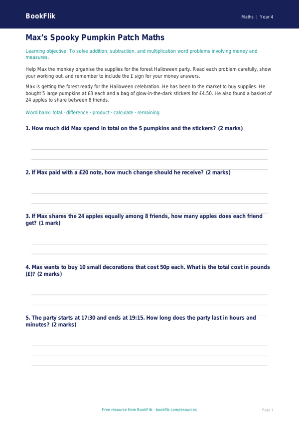 Free Halloween Maths Track Sheet | Year 4 Core | BookFlik worksheet preview — Maths Halloween Maths