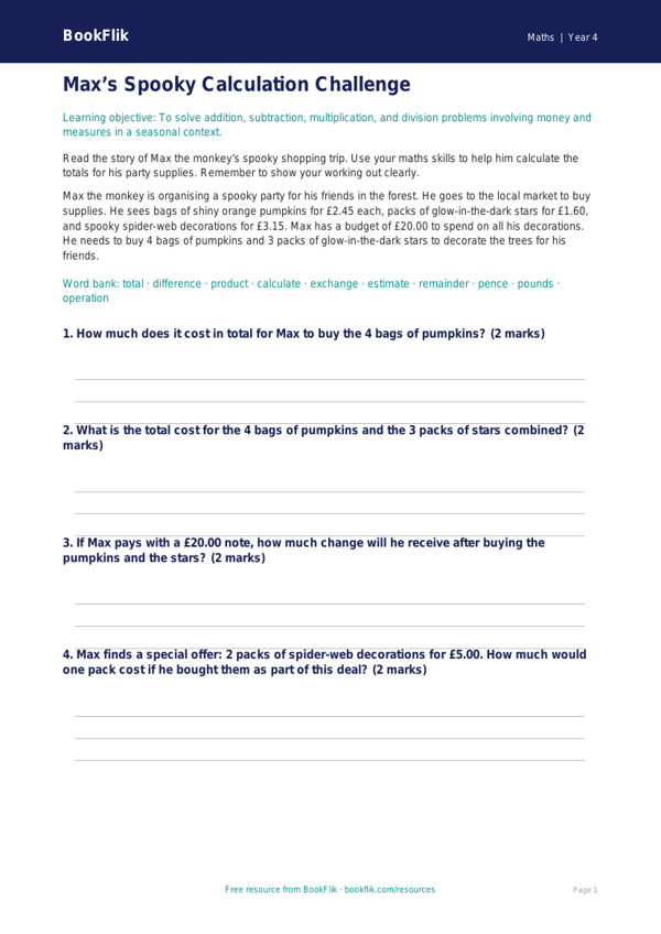 Free Halloween Maths Word Mat | Year 4 Core | BookFlik worksheet preview — Maths Halloween Maths