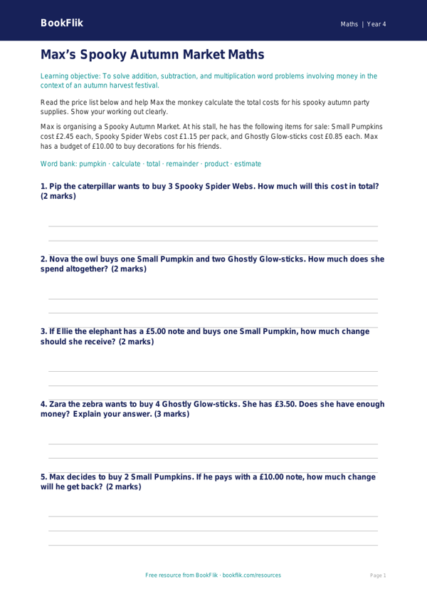 Free Halloween Maths Worksheet | Year 4 Core | BookFlik worksheet preview — Maths Halloween Maths