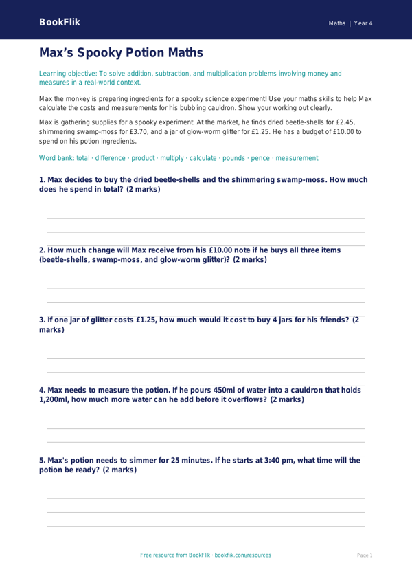 Free Halloween Maths Writing Frame | Year 4 Core | BookFlik worksheet preview — Maths Halloween Maths