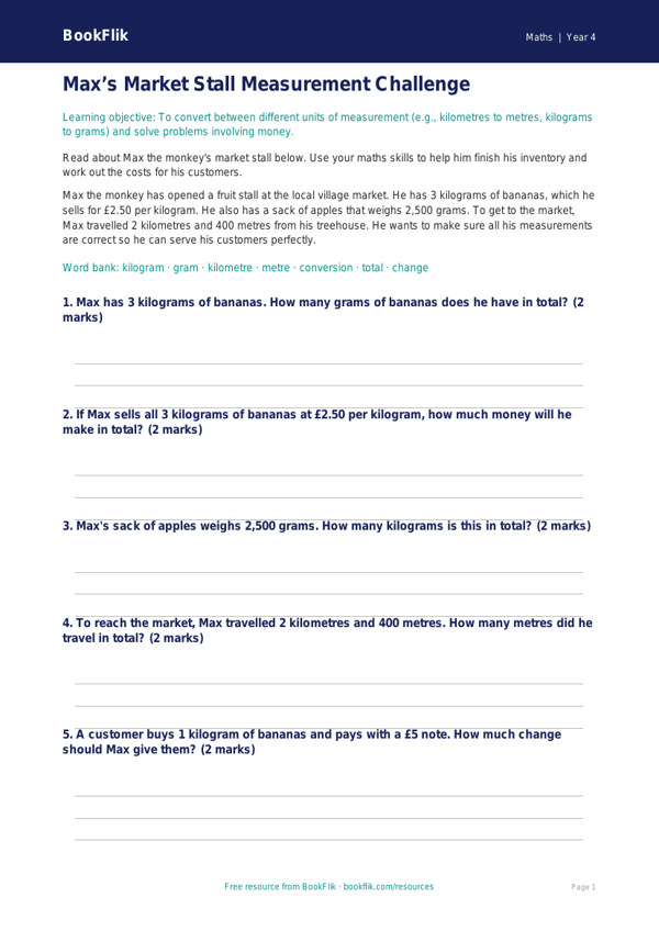 Free Measurement Activity Sheet | Year 4 Core | BookFlik worksheet preview — Maths Measurement