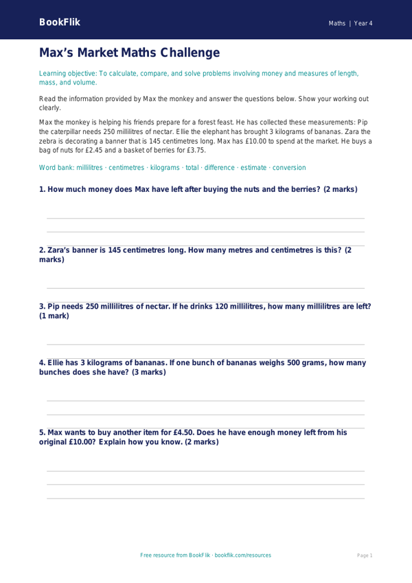 Free Measurement Assessment | Year 4 Core | BookFlik worksheet preview — Maths Measurement