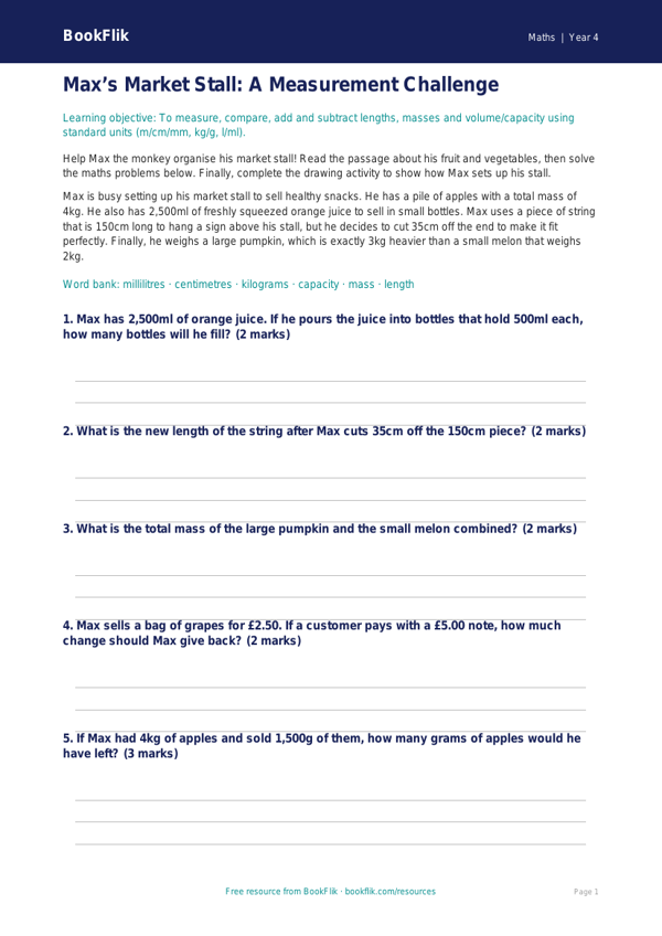 Free Measurement Colouring Page | Year 4 Core | BookFlik worksheet preview — Maths Measurement