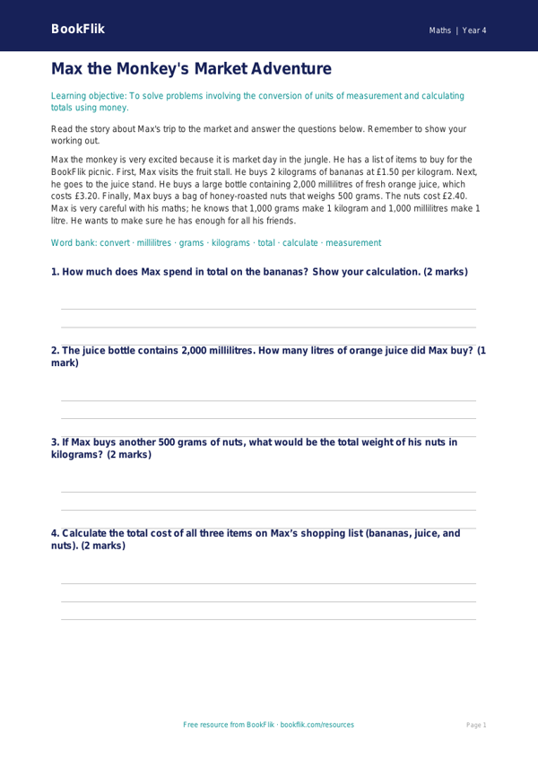 Free Measurement Comprehension | Year 4 Core | BookFlik worksheet preview — Maths Measurement