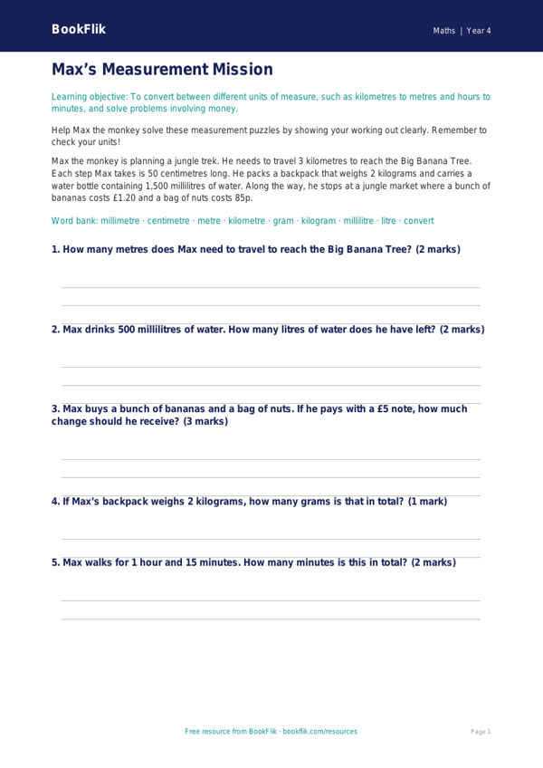 Free Measurement Flashcards | Year 4 Core | BookFlik worksheet preview — Maths Measurement