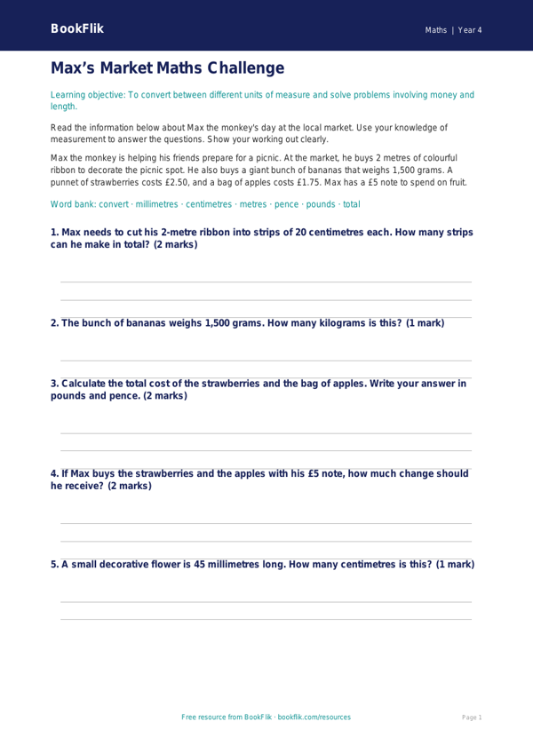 Free Measurement Quiz | Year 4 Core | BookFlik worksheet preview — Maths Measurement