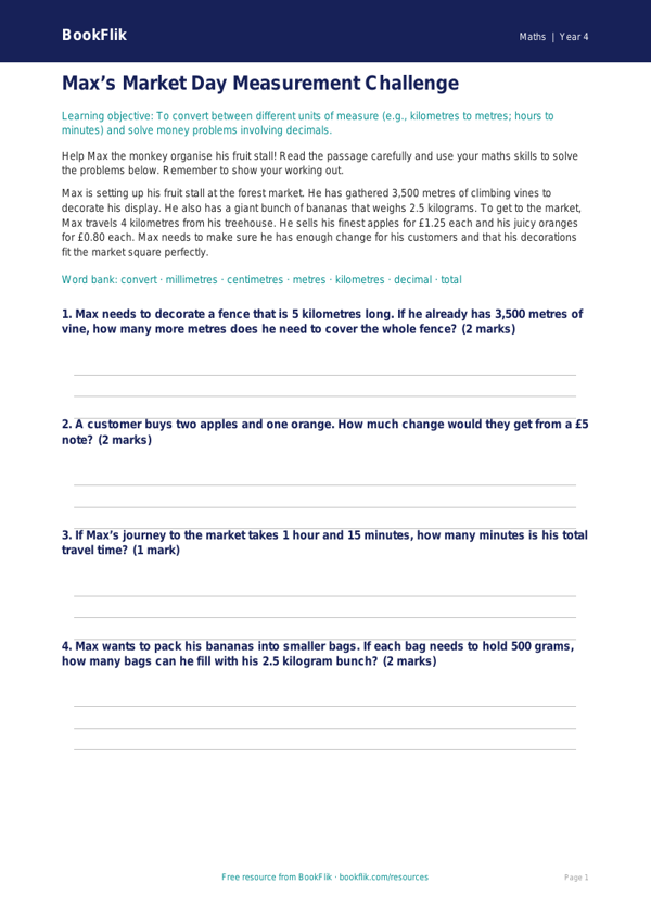 Free Measurement Template | Year 4 Core | BookFlik worksheet preview — Maths Measurement