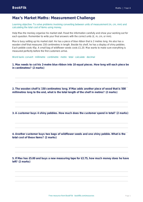 Free Measurement Track Sheet | Year 4 Core | BookFlik worksheet preview — Maths Measurement
