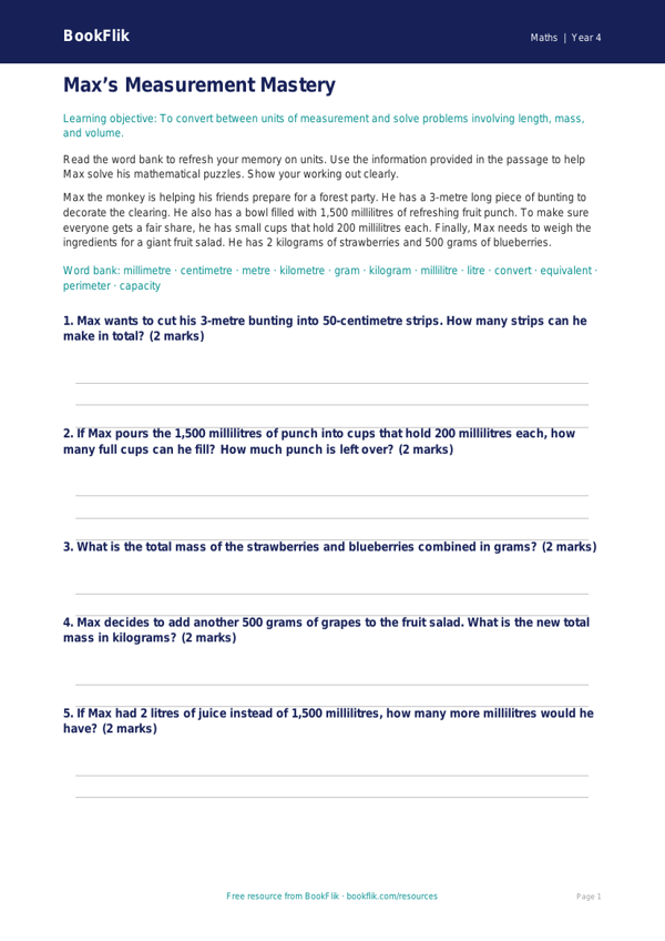 Free Measurement Word Mat | Year 4 Core | BookFlik worksheet preview — Maths Measurement