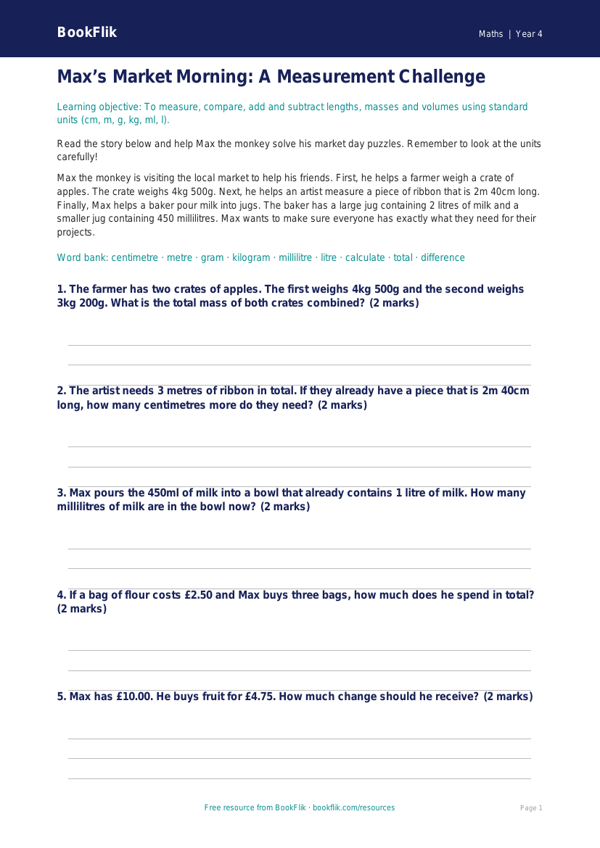 Free Measurement Worksheet | Year 4 Core | BookFlik worksheet preview — Maths Measurement
