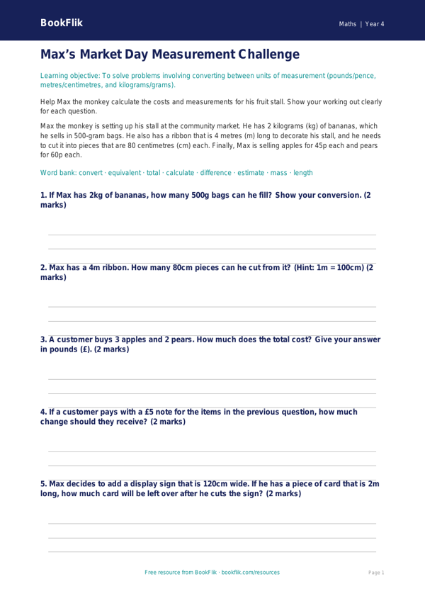 Free Measurement Writing Frame | Year 4 Core | BookFlik worksheet preview — Maths Measurement