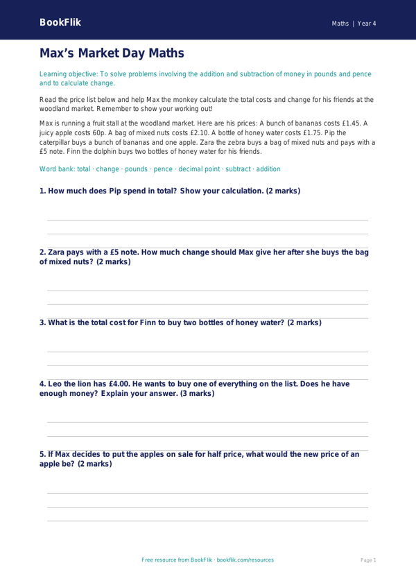 Free Money Activity Sheet | Year 4 Core | BookFlik worksheet preview — Maths Money