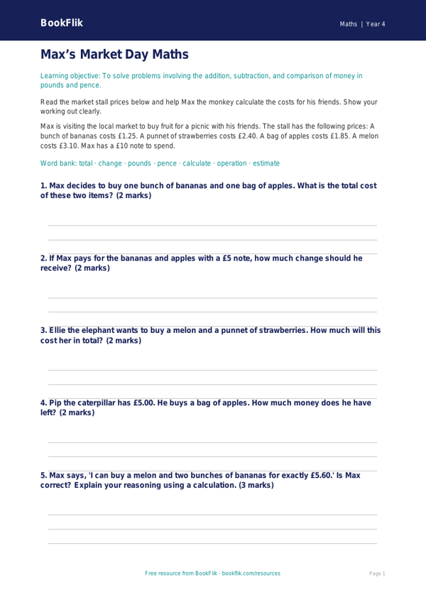 Free Money Assessment | Year 4 Core | BookFlik worksheet preview — Maths Money