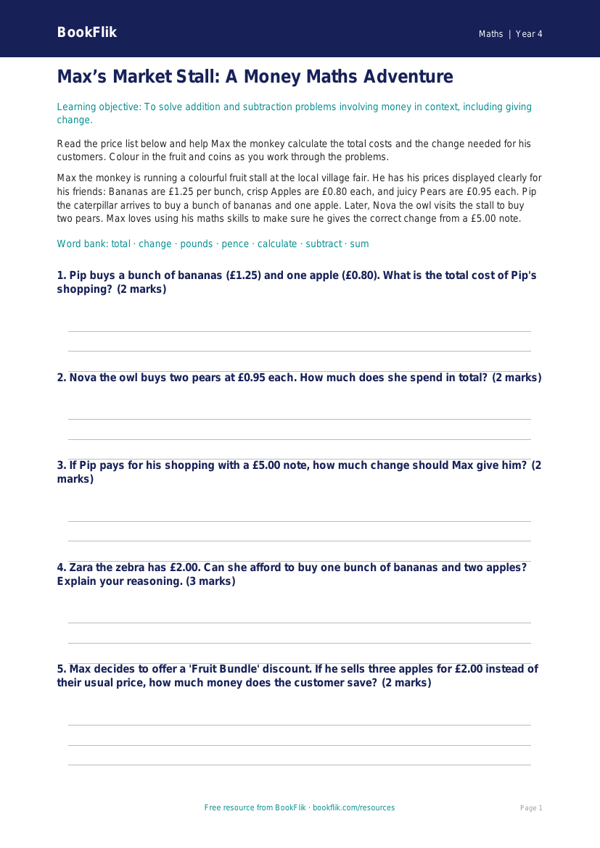 Free Money Colouring Page | Year 4 Core | BookFlik worksheet preview — Maths Money