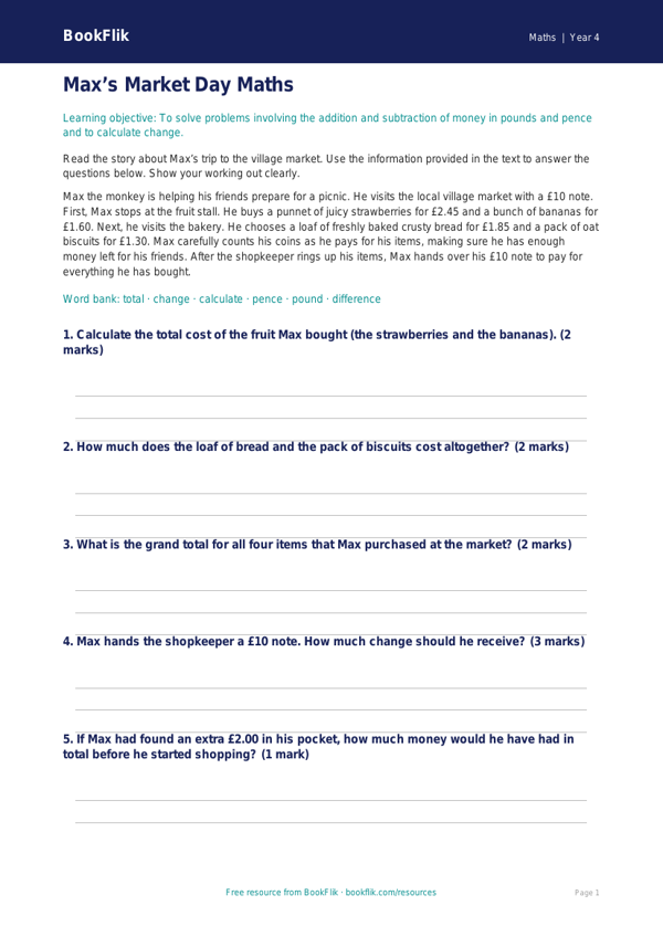 Free Money Comprehension | Year 4 Core | BookFlik worksheet preview — Maths Money