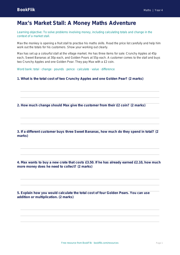 Free Money Drawing Worksheet | Year 4 Math | BookFlik worksheet preview — Maths Money