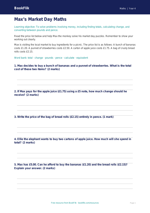 Free Money Flashcards | Year 4 Core | BookFlik worksheet preview — Maths Money