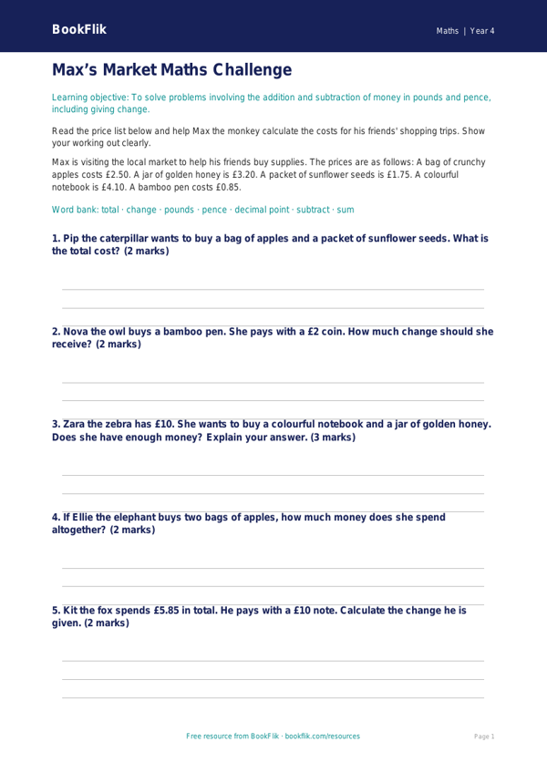 Free Money Poster | Year 4 Core | BookFlik worksheet preview — Maths Money