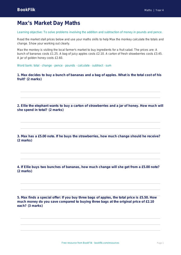 Free Money Quiz | Year 4 Core | BookFlik worksheet preview — Maths Money