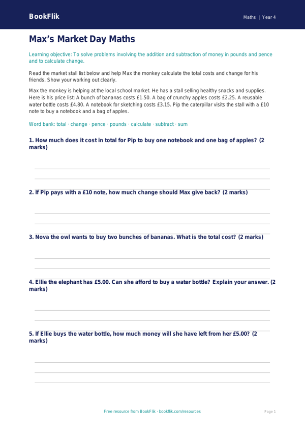 Free Money Template | Year 4 Core | BookFlik worksheet preview — Maths Money