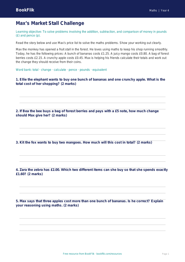 Free Money Track Sheet | Year 4 Core | BookFlik worksheet preview — Maths Money