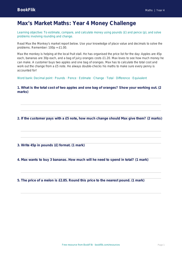 Free Money Word Mat | Year 4 Core | BookFlik worksheet preview — Maths Money