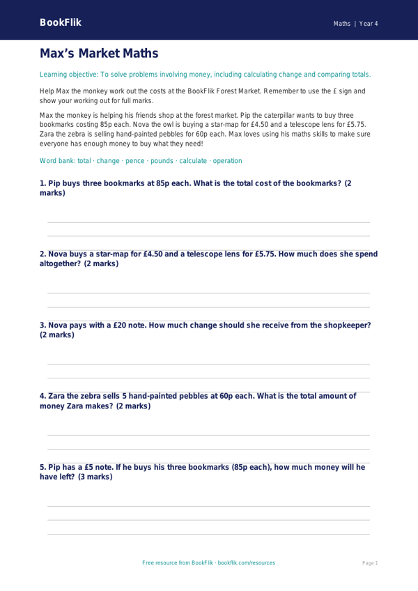 Free Money Worksheet | Year 4 Core | BookFlik worksheet preview — Maths Money