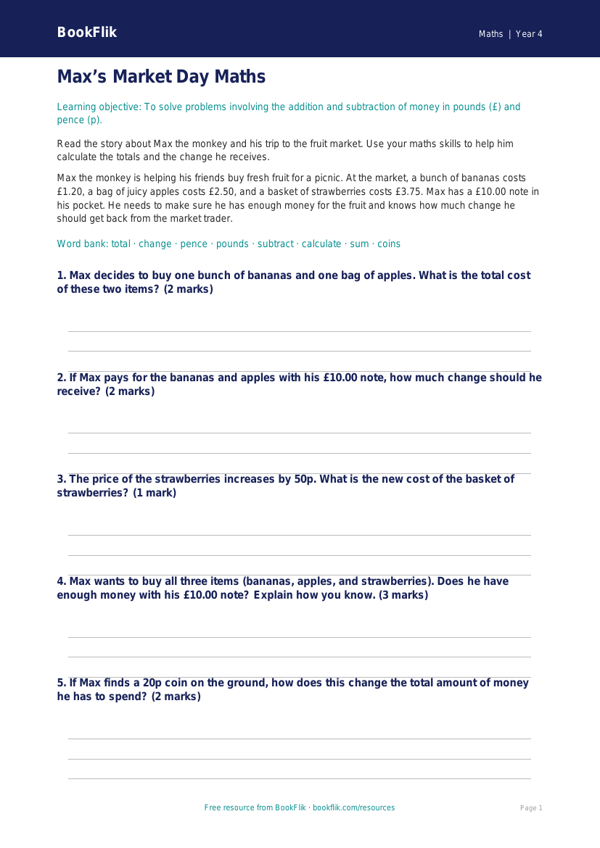 Free Money Writing Frame | Year 4 Core | BookFlik worksheet preview — Maths Money