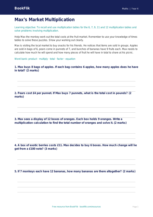 Free Multiplication Activity Sheet | Year 4 Core | BookFlik worksheet preview — Maths Multiplication