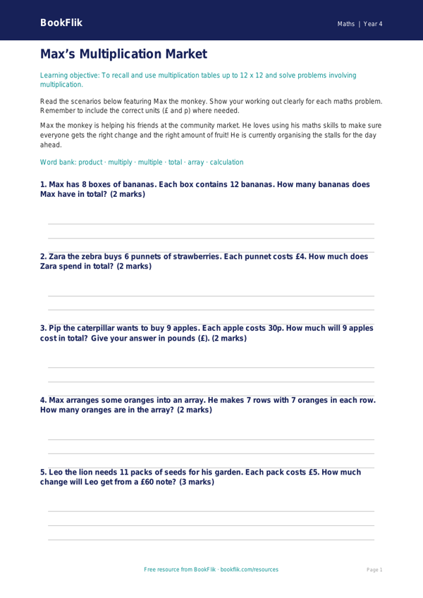 Free Multiplication Assessment | Year 4 Core | BookFlik worksheet preview — Maths Multiplication