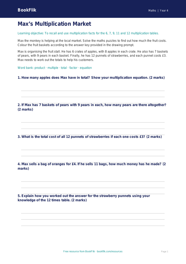 Free Multiplication Colouring Page | Year 4 Core | BookFlik worksheet preview — Maths Multiplication