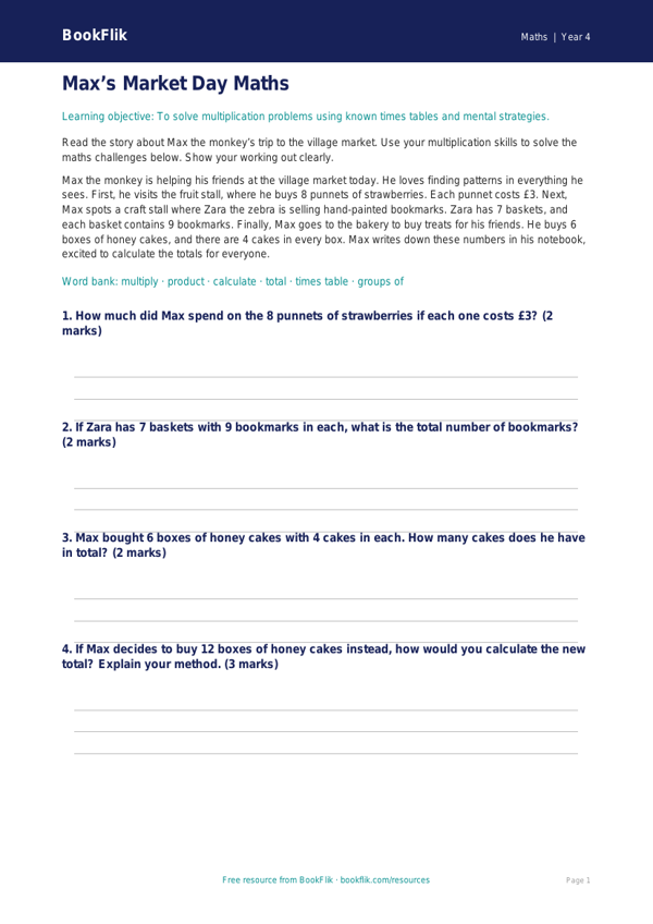Free Multiplication Comprehension | Year 4 Core | BookFlik worksheet preview — Maths Multiplication