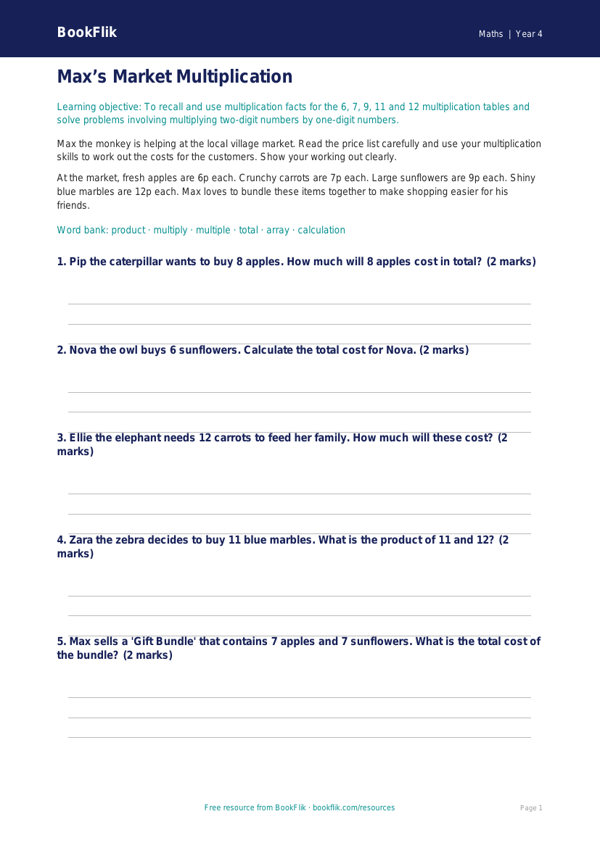 Free Multiplication Drawing Sheet | Year 4 Core | BookFlik worksheet preview — Maths Multiplication