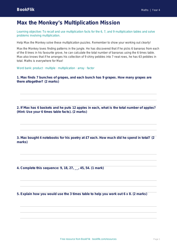 Free Multiplication Flashcards | Year 4 Core | BookFlik worksheet preview — Maths Multiplication