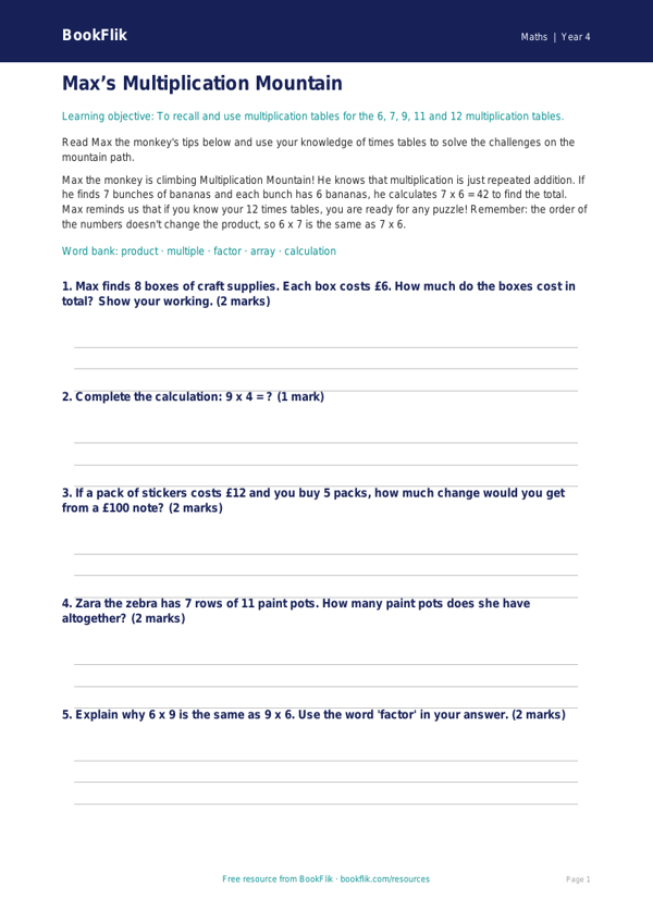 Free Multiplication Poster | Year 4 Core | BookFlik worksheet preview — Maths Multiplication