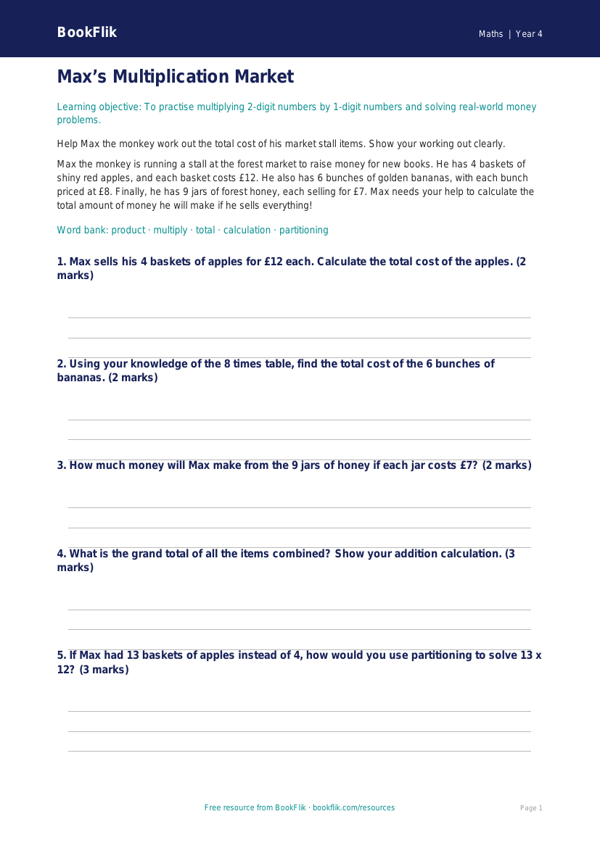 Free Multiplication Quiz | Year 4 Core | BookFlik worksheet preview — Maths Multiplication