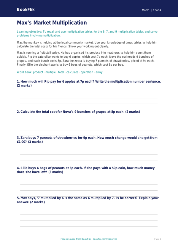 Free Multiplication Template | Year 4 Core | BookFlik worksheet preview — Maths Multiplication