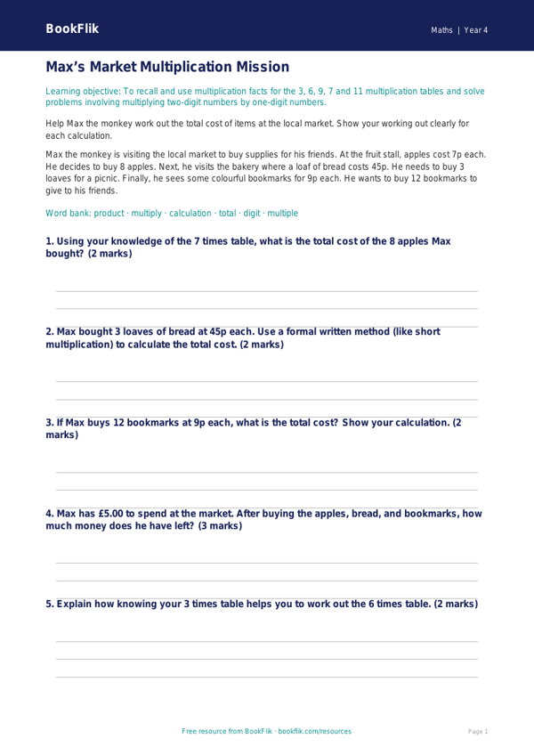 Free Multiplication Track Sheet | Year 4 Core | BookFlik worksheet preview — Maths Multiplication
