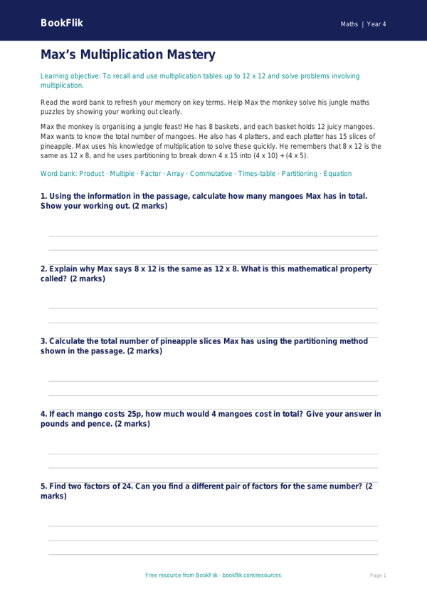 Free Multiplication Word Mat | Year 4 Core | BookFlik worksheet preview — Maths Multiplication