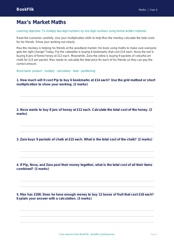 Free Multiplication Worksheet | Year 4 Core | BookFlik worksheet preview — Maths Multiplication