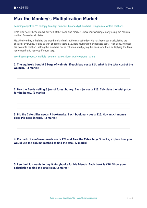 Free Multiplication Writing Frame | Year 4 Core | BookFlik worksheet preview — Maths Multiplication