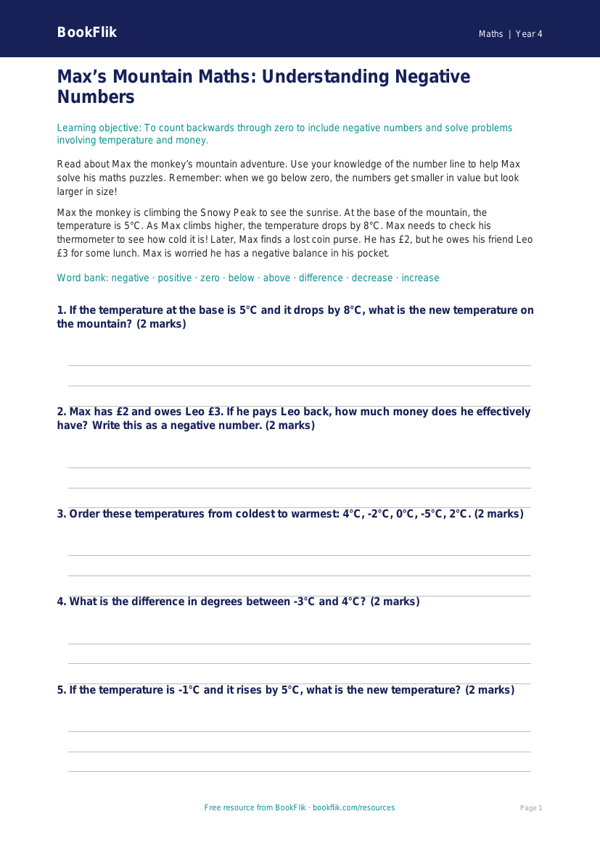 Free Negative Numbers Activity Sheet | Year 4 Core | BookFlik worksheet preview — Maths Negative Numbers