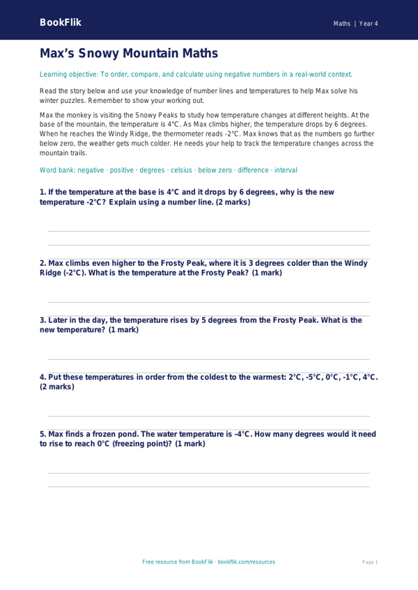 Free Negative Numbers Assessment | Year 4 Core | BookFlik worksheet preview — Maths Negative Numbers