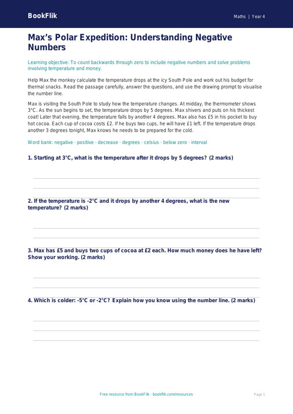Free Negative Numbers Colouring Page | Year 4 Core | BookFlik worksheet preview — Maths Negative Numbers