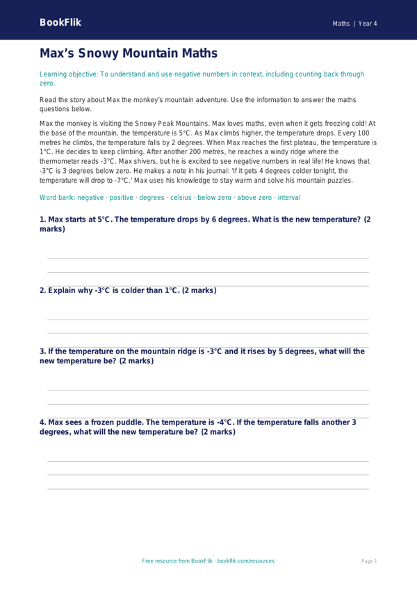 Free Negative Numbers Comprehension | Year 4 Core | BookFlik worksheet preview — Maths Negative Numbers