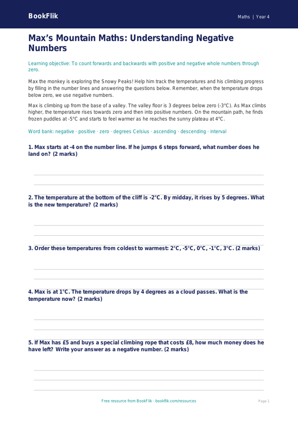 Free Negative Numbers Drawing Sheet | Year 4 Core | BookFlik worksheet preview — Maths Negative Numbers